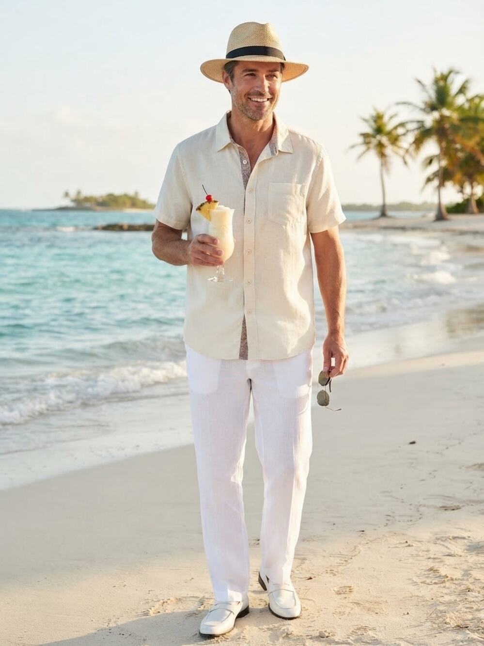 Panama Jack Mens XXL 100% Linen Short Sleeve Button Down Shirt Off White Ivory